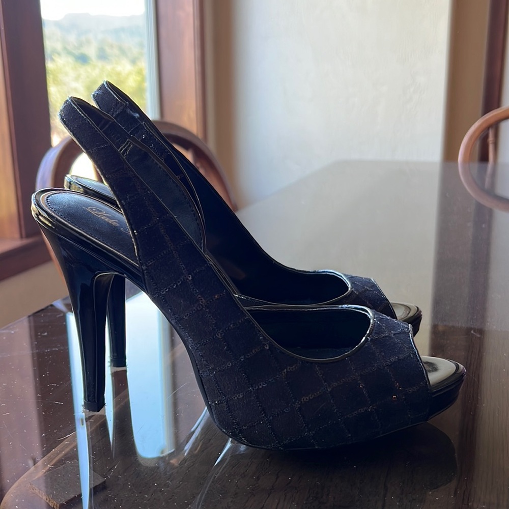 Lulu Townsend Black Sequin Open Toe Heels, Size 9.